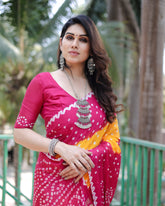 Adorable Bandhej Silk Saree Pink With Yellow Color Saree